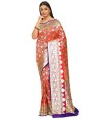 Red woven satin saree with blouse