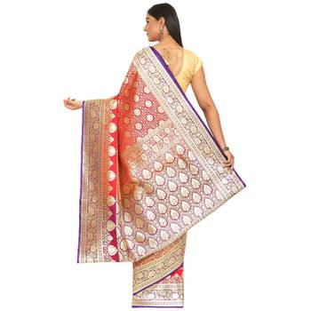 Red woven satin saree with blouse 2