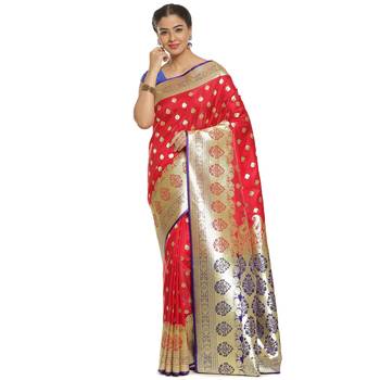 Red woven satin saree with blouse 1
