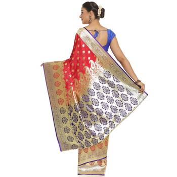 Red woven satin saree with blouse 2