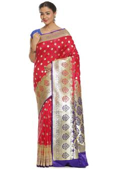 Pink woven satin saree with blouse