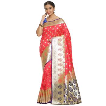 Pink woven satin saree with blouse 1