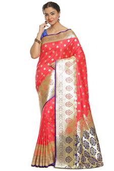 Pink woven satin saree with blouse