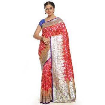 Red woven satin saree with blouse 1