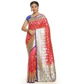 Red woven satin saree with blouse