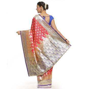 Red woven satin saree with blouse 2