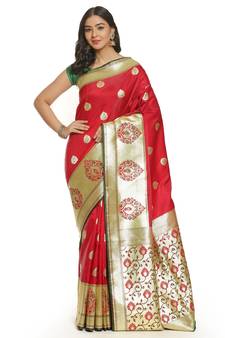 Maroon woven satin saree with blouse