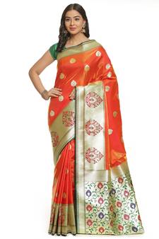 Brown woven satin saree with blouse