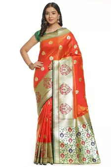 Brown woven satin saree with blouse