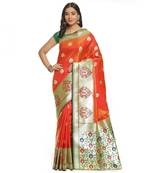 Brown woven satin saree with blouse