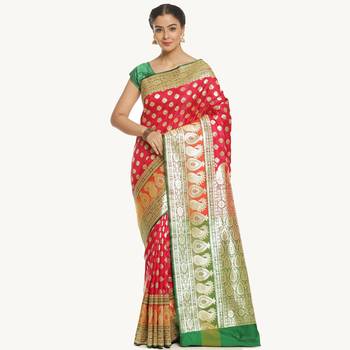 Pink woven satin saree with blouse 1