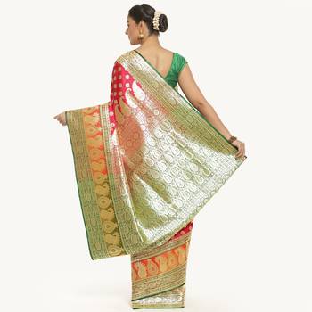 Pink woven satin saree with blouse 2