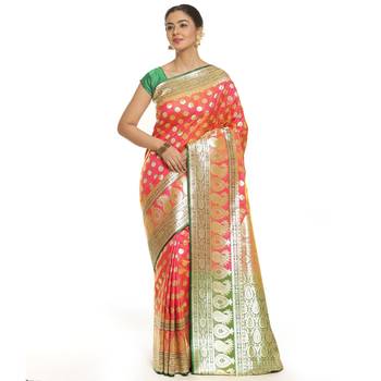 Pink woven satin saree with blouse 1