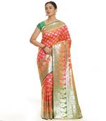 Pink woven satin saree with blouse