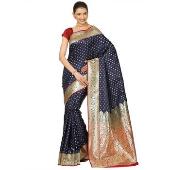 Blue woven satin saree with blouse 1