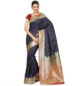 Blue woven satin saree with blouse