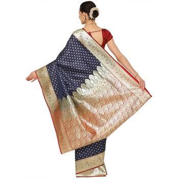 Blue woven satin saree with blouse 2