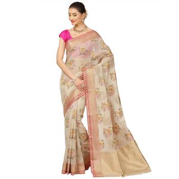 Beige woven cotton saree with blouse 1