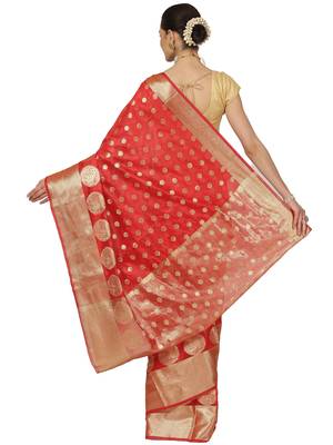 Red woven cotton saree with blouse 2