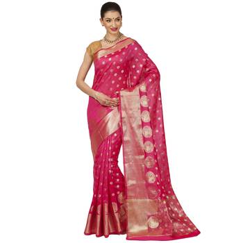 Pink woven cotton saree with blouse 1