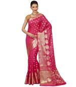Pink woven cotton saree with blouse