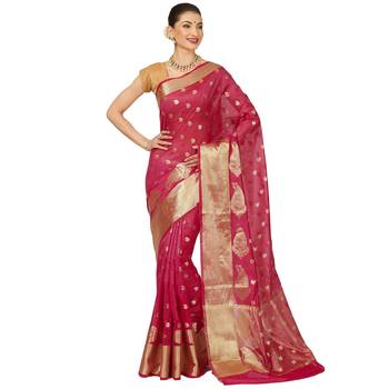 Pink woven cotton saree with blouse 1