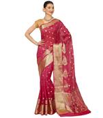 Pink woven cotton saree with blouse