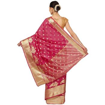 Pink woven cotton saree with blouse 2