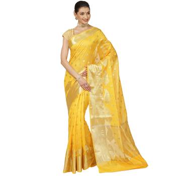 Yellow woven cotton saree with blouse 1