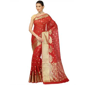 Red woven cotton saree with blouse 1