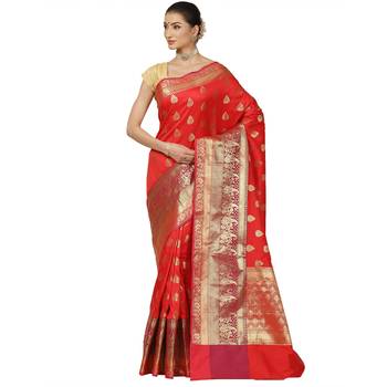 Red woven cotton saree with blouse 1