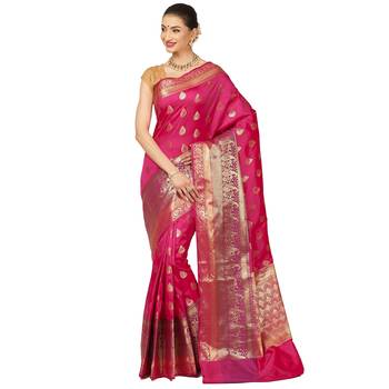 Pink woven cotton saree with blouse 1