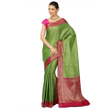 Green woven cotton saree with blouse 1
