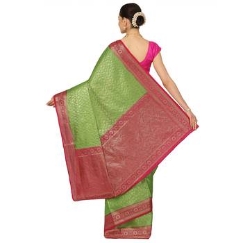 Green woven cotton saree with blouse 2