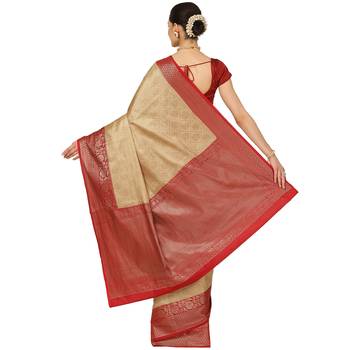 Beige woven cotton saree with blouse 2