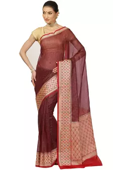 Brown woven cotton saree with blouse