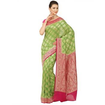 Green woven georgette saree with blouse 1