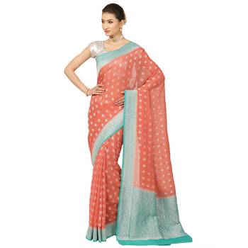 Pink woven georgette saree with blouse 1