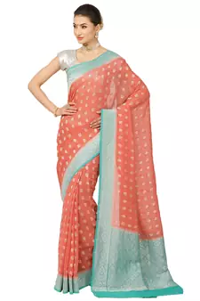 Pink woven georgette saree with blouse