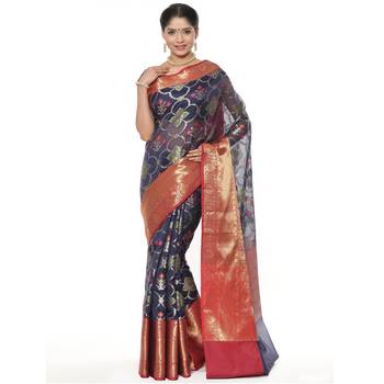Blue woven art silk saree with blouse 1