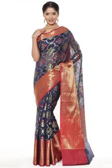 Blue woven art silk saree with blouse