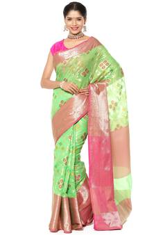 Green woven art silk saree with blouse