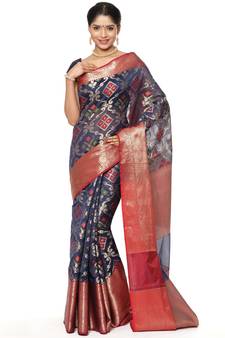 Blue woven art silk saree with blouse