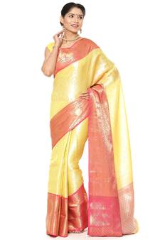 Yellow woven art silk saree with blouse