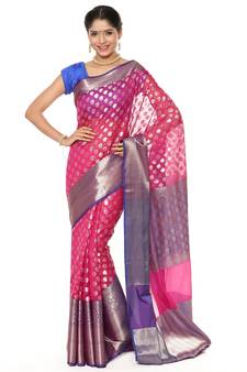 Pink woven art silk saree with blouse