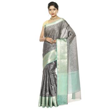 Grey woven art silk saree with blouse 1
