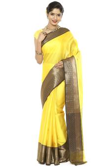 Yellow and Black Art Silk Zari Embroidered Saree