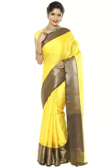 Yellow and Black Art Silk Zari Embroidered Saree
