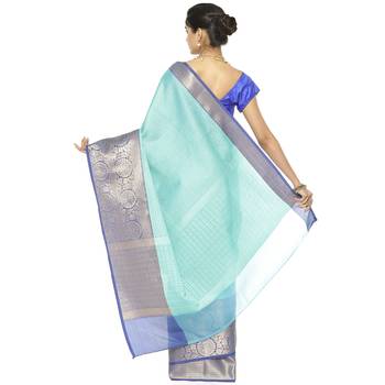 Blue woven art silk saree with blouse 3