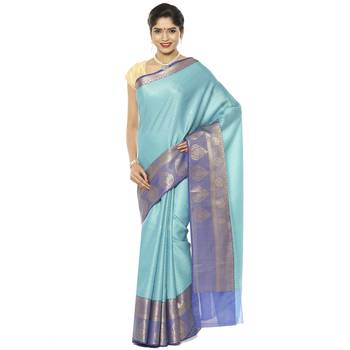 Blue woven art silk saree with blouse 2